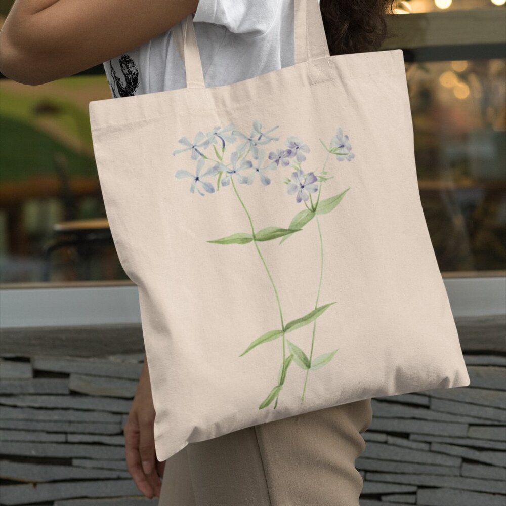 Wild Blue Phlox Vintage Watercolor Floral Print Graphic Canvas Tote Bag